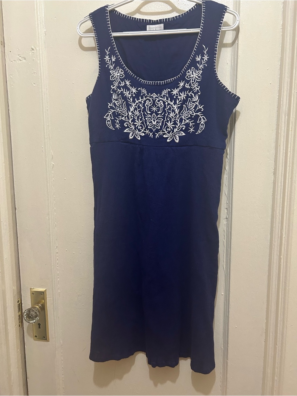 Charter Club Navy Midi Lined Dress with White Floral Embroidery Sz 12